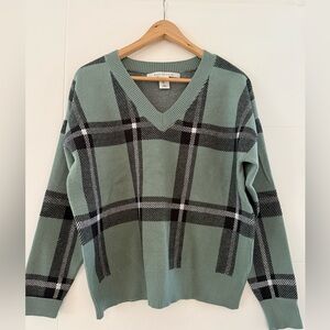 Max Studio Green Plaid V-Neck Sweater Size Large